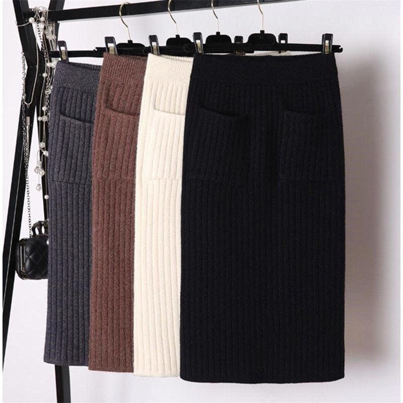 Elegant Ribbed Knitted Pencil Midi Sweater Skirt - TeresaCollections