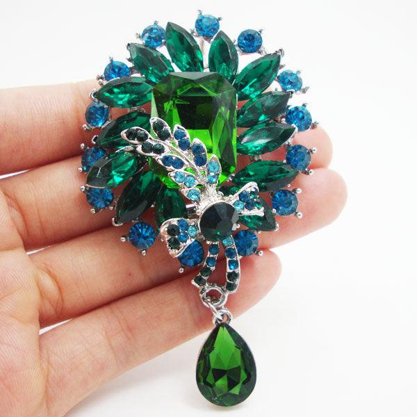 Gorgeous Flower Drop Green Rhinestone Crystal Brooch Pin Pendant - TeresaCollections