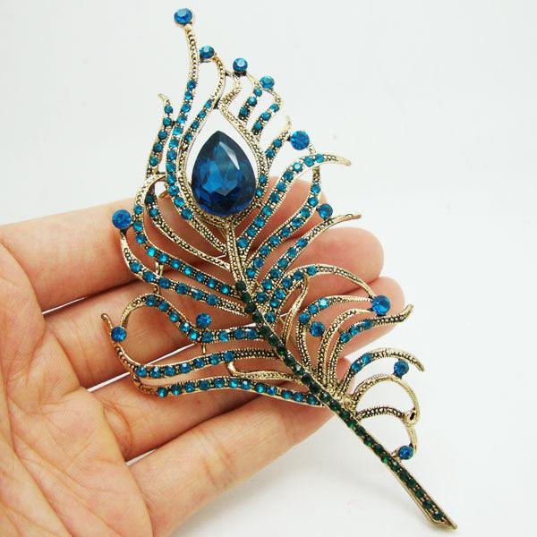 Gorgeous Peacock Feathers Gold Tone Blue Rhinestone Crystal Brooch Pin Gift - TeresaCollections