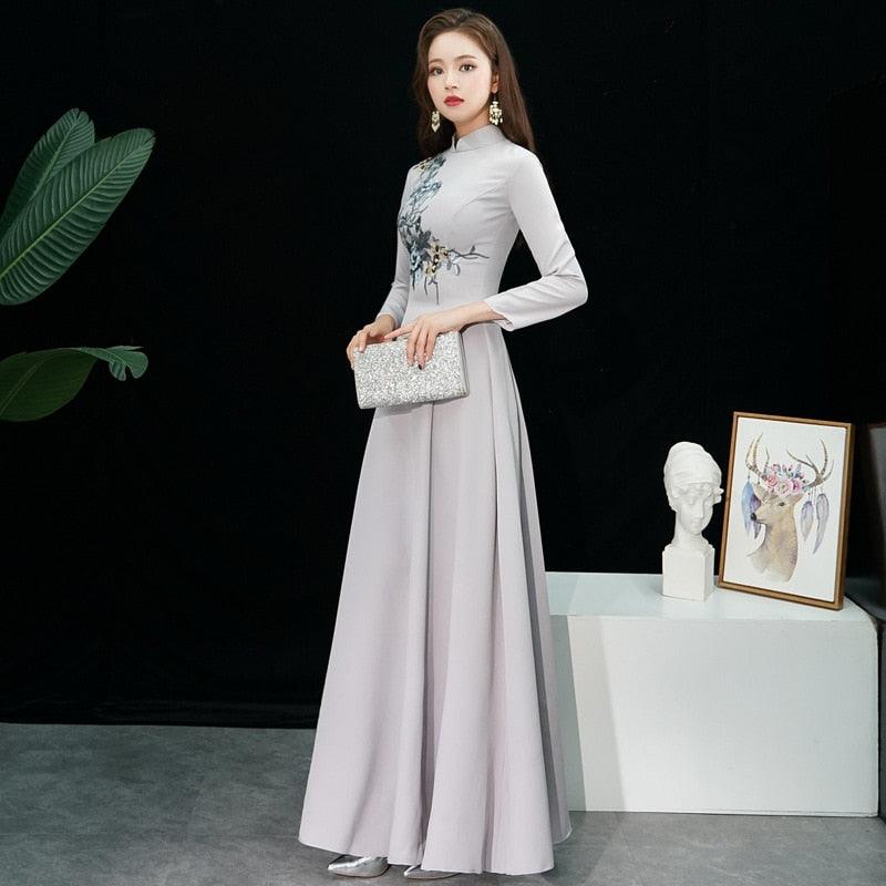 Satin Embroidery Vintage Traditional Cheongsam Wedding Qipao Dress - TeresaCollections