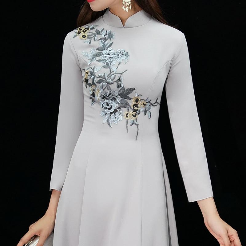 Satin Embroidery Vintage Traditional Cheongsam Wedding Qipao Dress - TeresaCollections