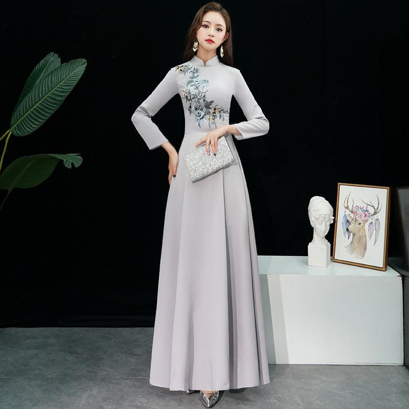 Satin Embroidery Vintage Traditional Cheongsam Wedding Qipao Dress - TeresaCollections