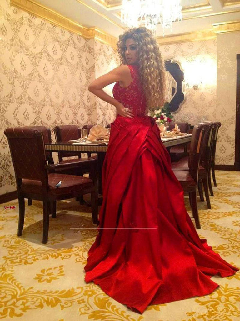 High End Red Lace With Detachable Train Vintage Beaded Long Mermaid Dress - TeresaCollections