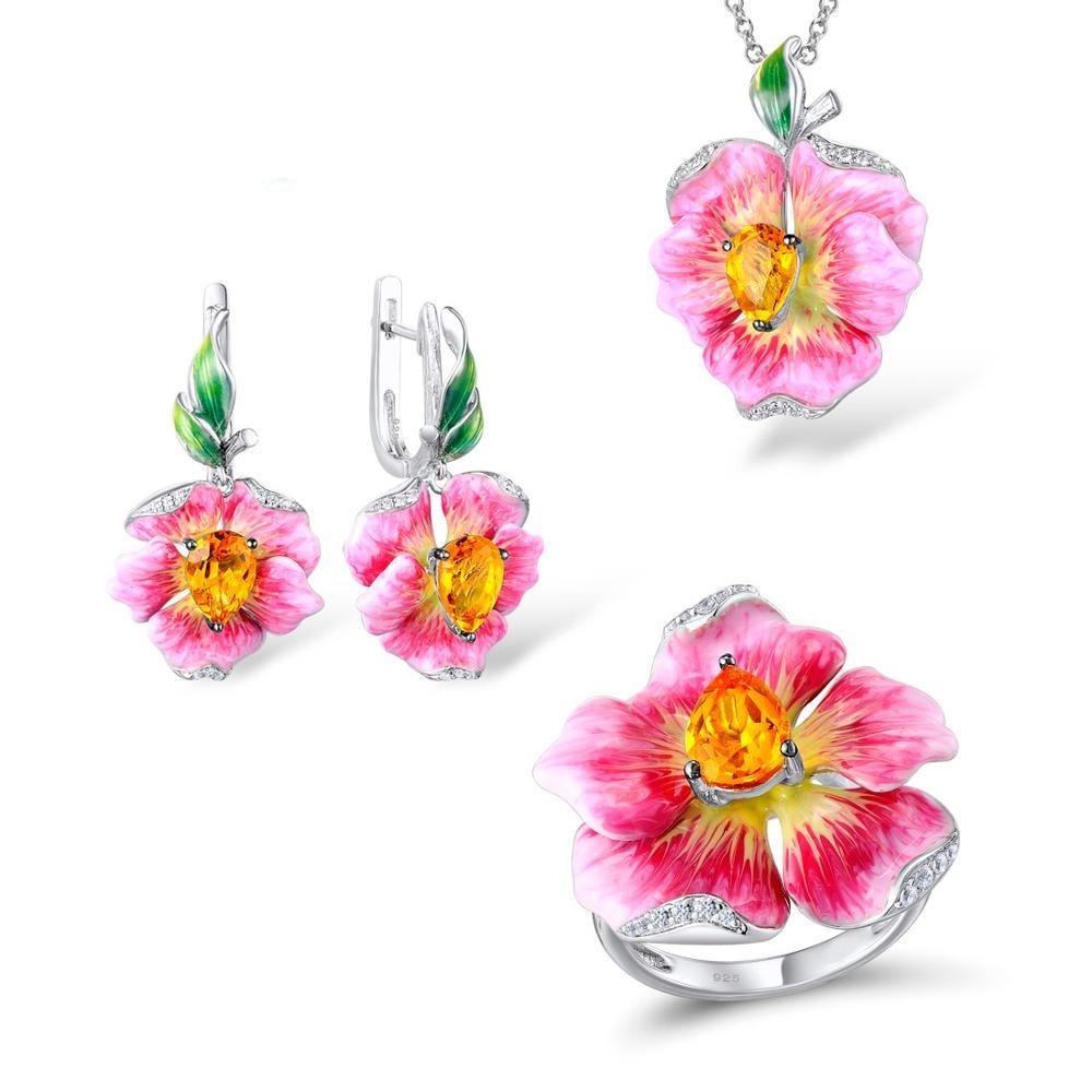 Pink Flower Earrings Pendant Ring Jewelry Set - TeresaCollections