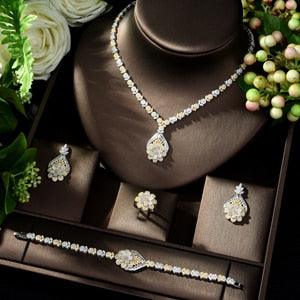 Gold Plated Luxury Cubic Zirconia Necklace Earring Bracelet Party Jewelry Set - TeresaCollections