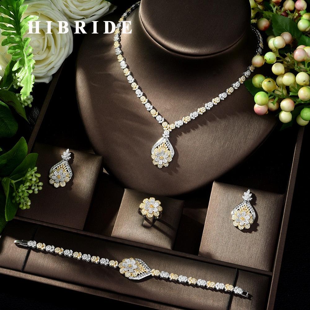 Gold Plated Luxury Cubic Zirconia Necklace Earring Bracelet Party Jewelry Set - TeresaCollections