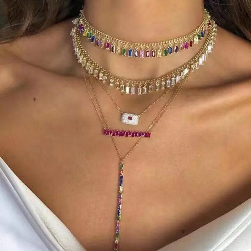 Cubic Zirconia Baguette Pulling Trendy Geometric Necklace - TeresaCollections