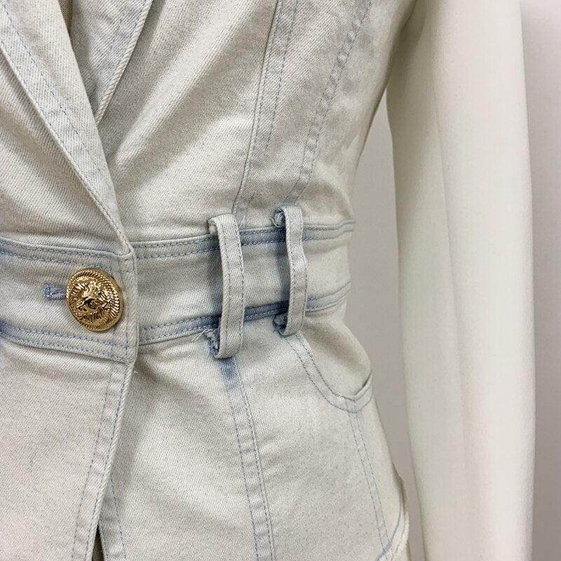 Denim Single Button Denim Patchwork Jacket Blazer - TeresaCollections