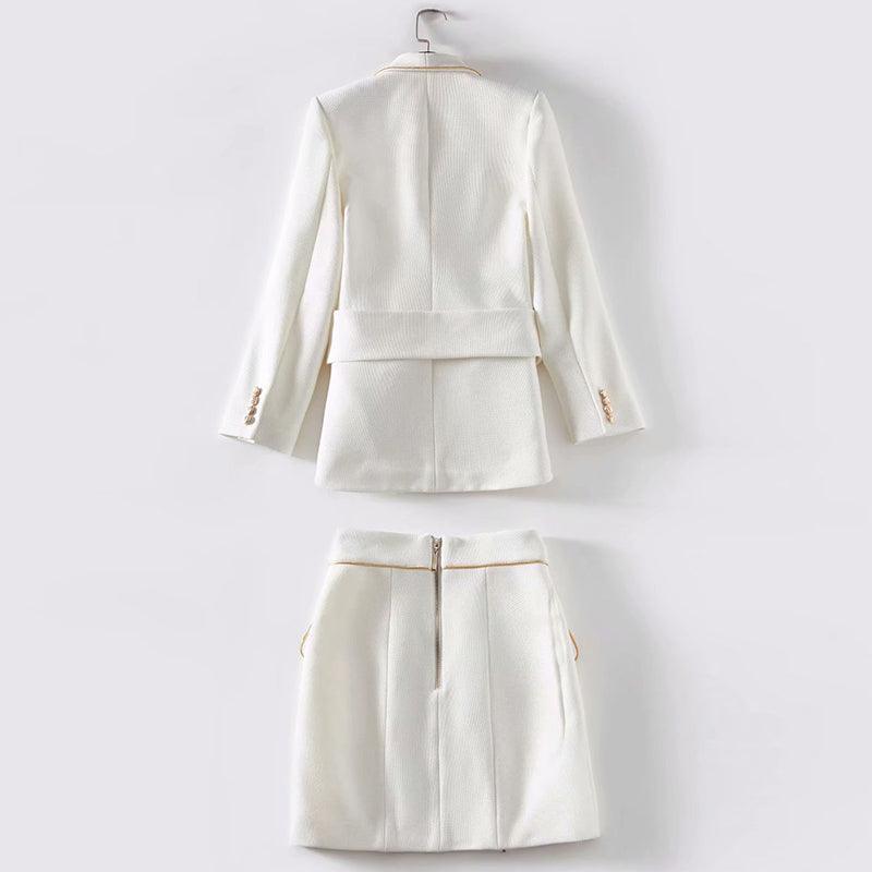 White Double Breasted Gold Fringed Blazer Suit Skirt - TeresaCollections