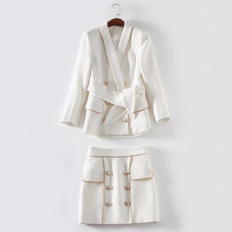 White Double Breasted Gold Fringed Blazer Suit Skirt - TeresaCollections