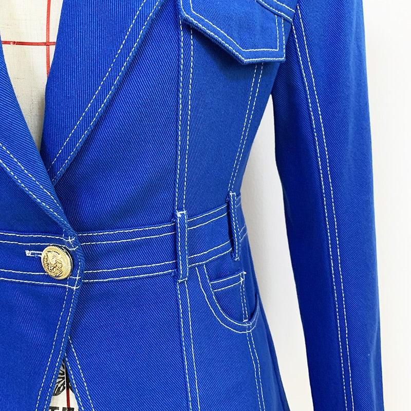 Blue Designer Runway Blazer Jacket Single Button Denim Blazer - TeresaCollections