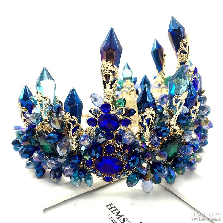 Blue Baroque Royal Retro Green Rhinestone Tiara Hairbands Wedding Hair Jewelry - TeresaCollections