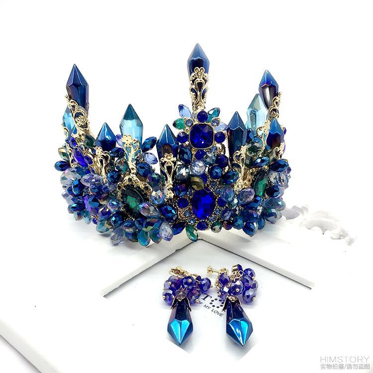 Blue Baroque Royal Retro Green Rhinestone Tiara Hairbands Wedding Hair Jewelry - TeresaCollections
