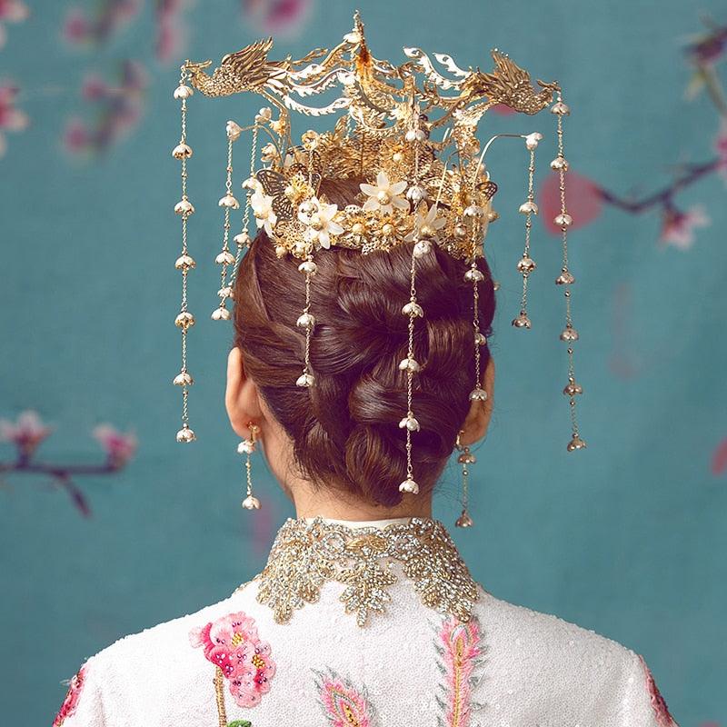 HIMSTORY Luxury Wedding Bride Vintage Chinese Peacock Hair Accessories Bridal Headdress Gold Phoenix Tiara Crown Hair Jewelry - TeresaCollections