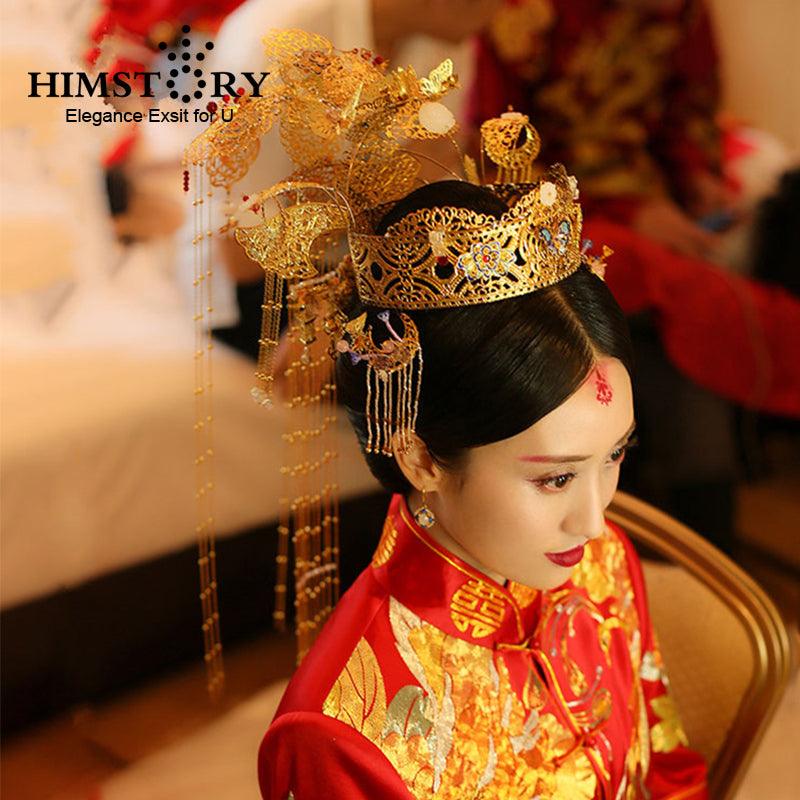 Traditional Chinese Wedding Bride Hair Tiara Empress Princess Long Tassel Queen Hair Accessory - TeresaCollections