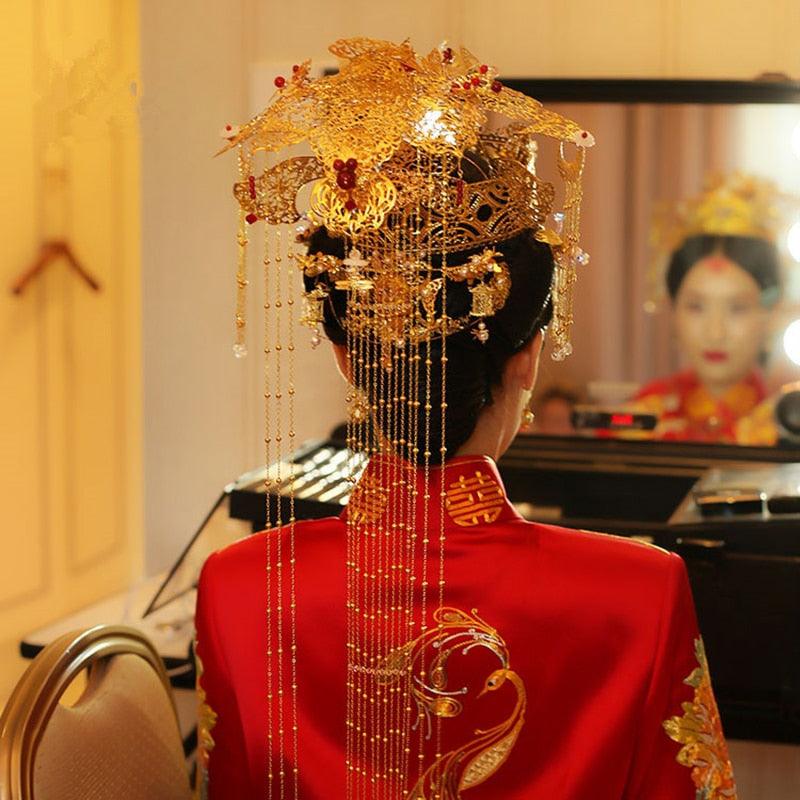 Traditional Chinese Wedding Bride Hair Tiara Empress Princess Long Tassel Queen Hair Accessory - TeresaCollections