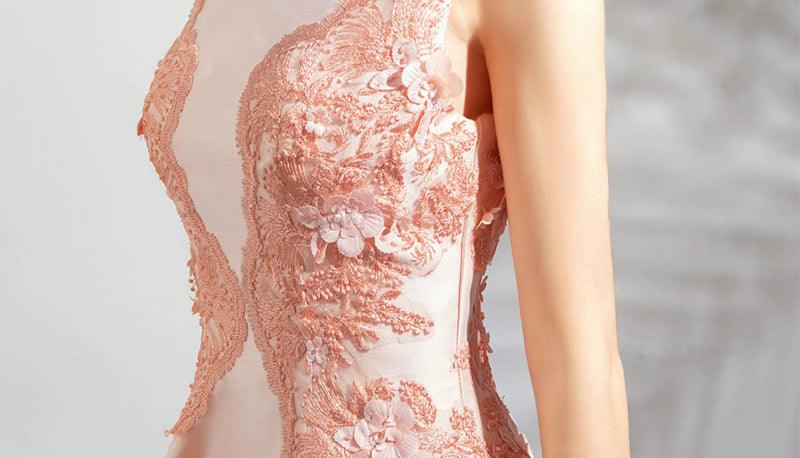 Light Pink Elegance Satin Lace Sleeveless Evening Dress - TeresaCollections