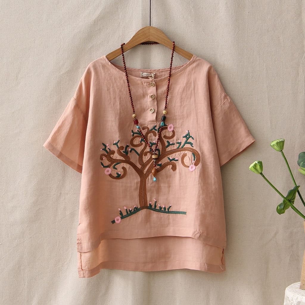 Retro Linen Embroidery Tree Pattern Loose Casual Summer Blouse