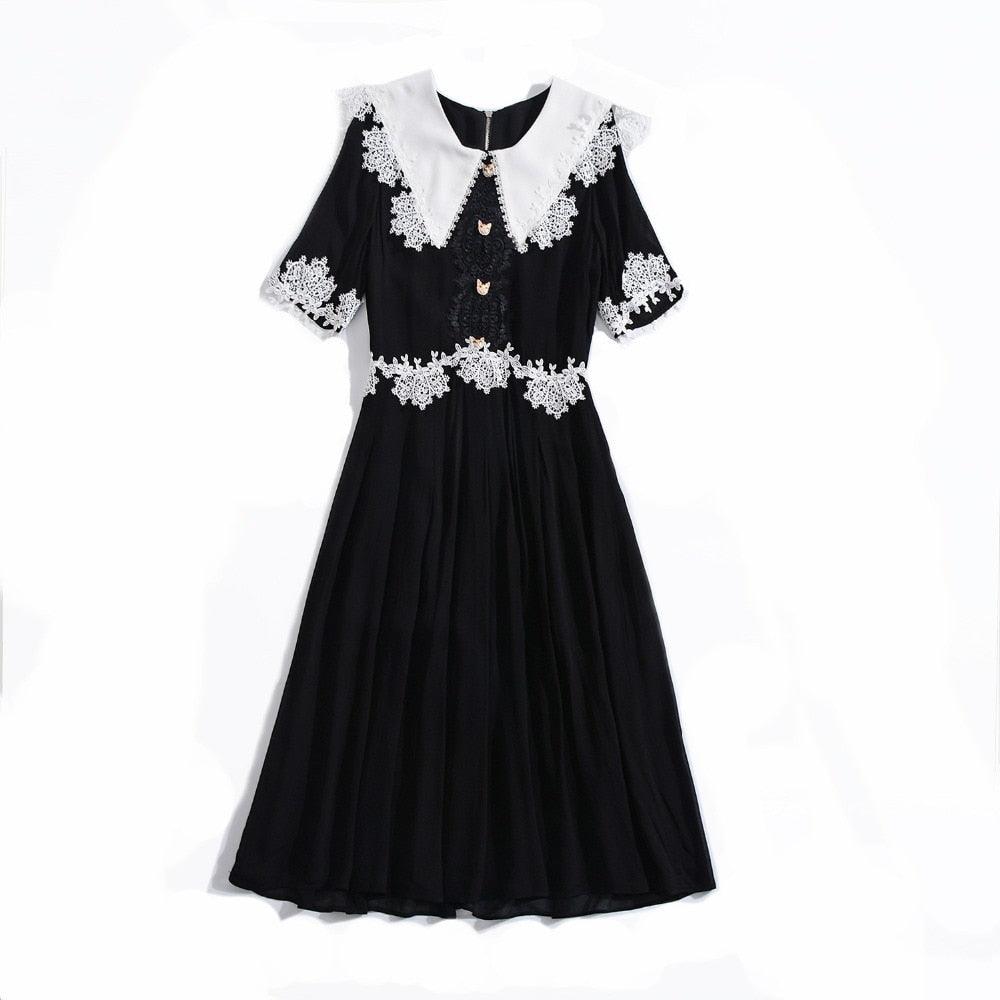 Black Short Sleeve A Line Work Wear Dress - TeresaCollections