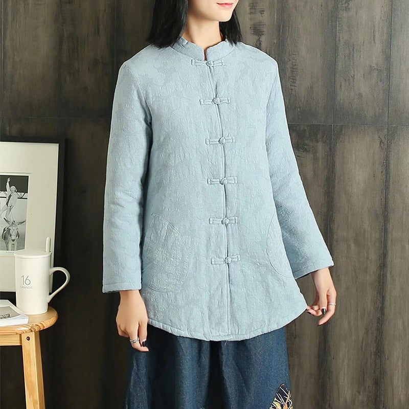 Vintage Buckle Cotton Linen Jacquard Padded Floral Lining Lightweight Jacket