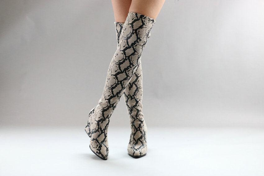 Serpentine  Faux Leather Slip On Long Square Heel Over The Knee Boots - TeresaCollections