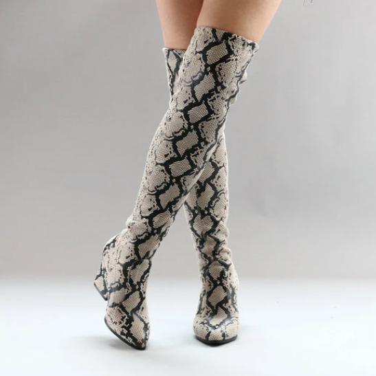 Serpentine  Faux Leather Slip On Long Square Heel Over The Knee Boots - TeresaCollections