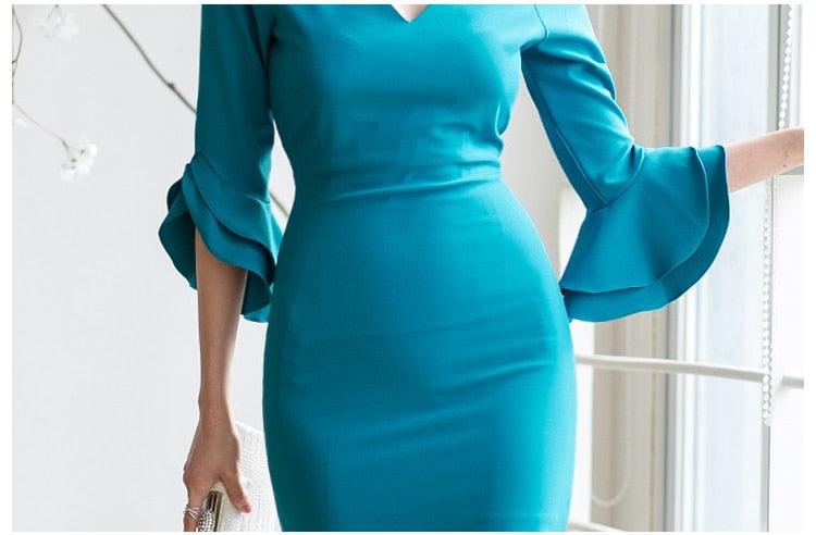 Blue Sexy V-neck Flare Sleeve Sheath Bodycon Elegant Work Wear Business Dress - TeresaCollections
