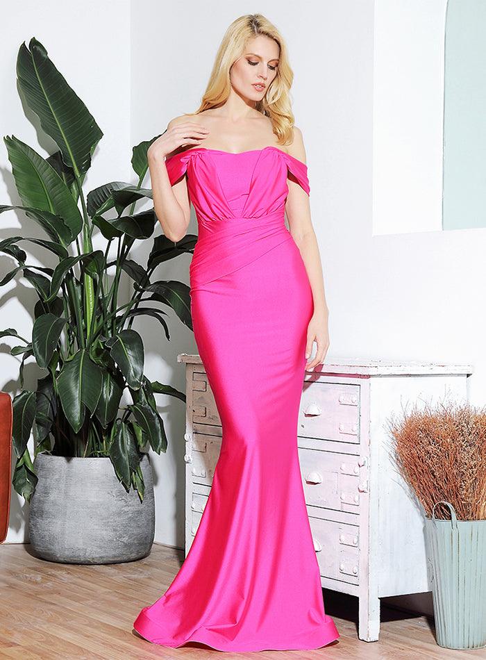 Sexy Hot Pink Tube Top Cross Elastic Shoulder Party Ball Dress Gown - TeresaCollections