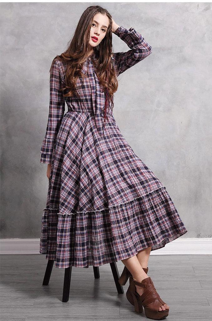 Plaid Flare Sleeve A-Line Swing Drawstring Collar Dress - TeresaCollections