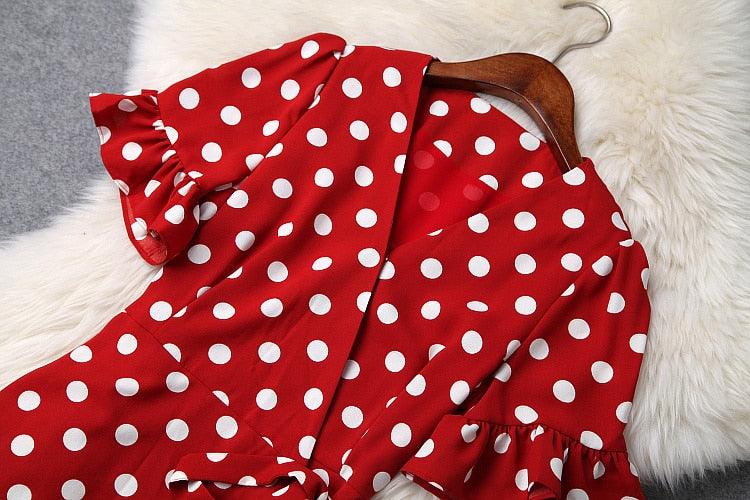 Red Polka Dot Wrap Bow Elegant Dress - TeresaCollections