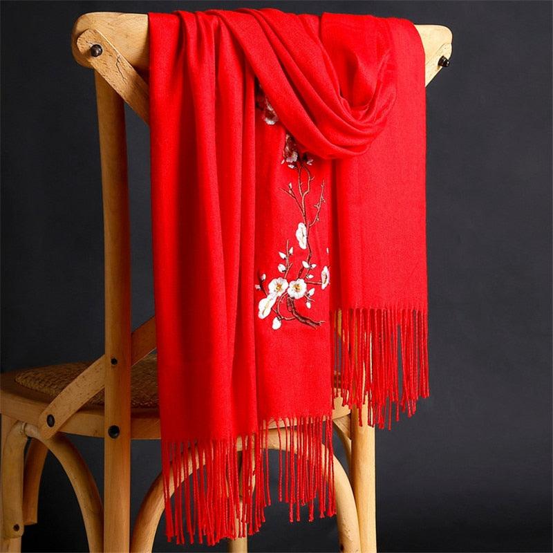 Soft Wool Pashmina Shawls Flower Embroidery Cashmere Scarf - TeresaCollections