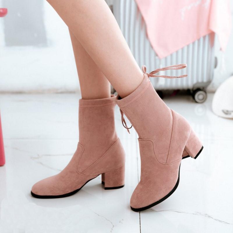 High Heel Round Toe Mid Calf Mature Simple Ankle Boots - TeresaCollections