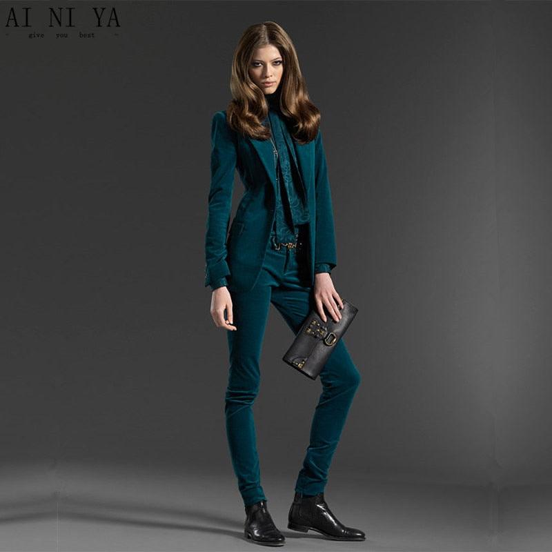 TeresaCollections - Dark Green Two-piece Set Velvet Suit Blazer