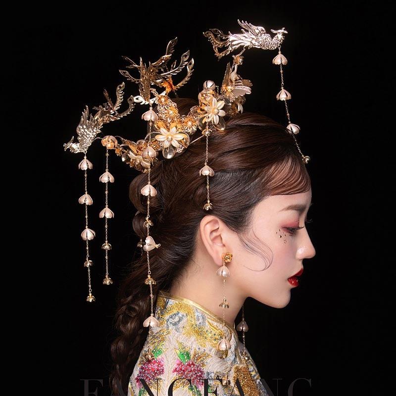 HIMSTORY Luxury Wedding Bride Vintage Chinese Peacock Hair Accessories Bridal Headdress Gold Phoenix Tiara Crown Hair Jewelry - TeresaCollections