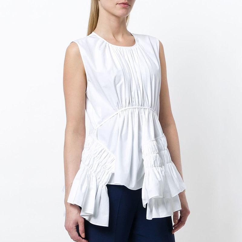 Sleeveless  Round Neck Irregular Ruched Blouse - TeresaCollections