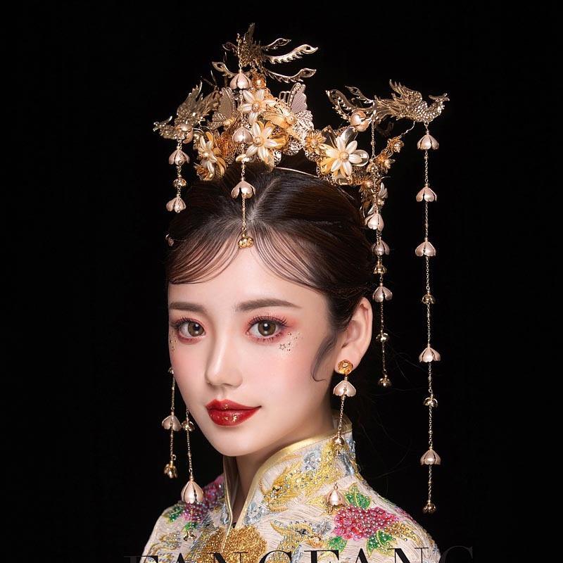 HIMSTORY Luxury Wedding Bride Vintage Chinese Peacock Hair Accessories Bridal Headdress Gold Phoenix Tiara Crown Hair Jewelry - TeresaCollections