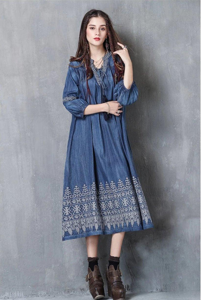 Three Quarter Lantern Sleeve Flower Embroidery Denim Dress - TeresaCollections