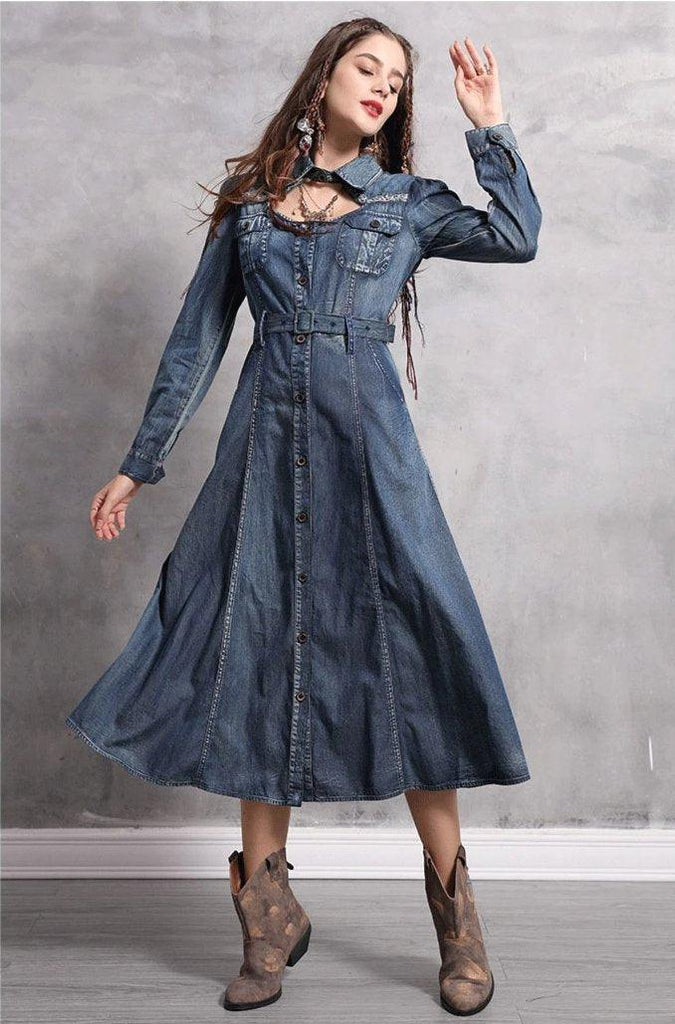 Vintage Embroidery Belted High Waist Denim Boho Dress - TeresaCollections