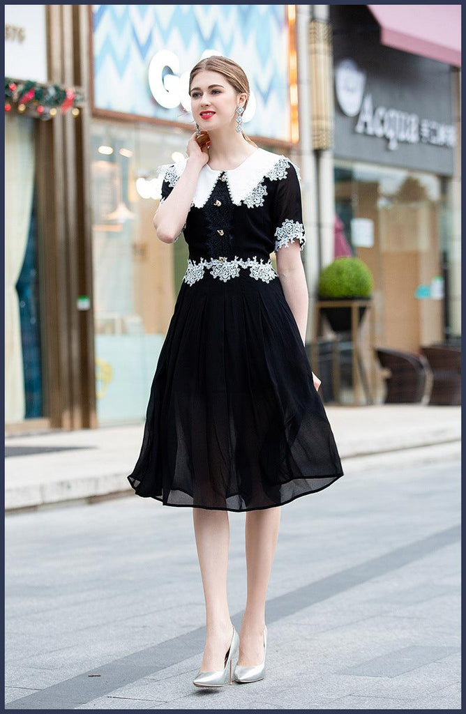 Black Short Sleeve A Line Work Wear Dress - TeresaCollections