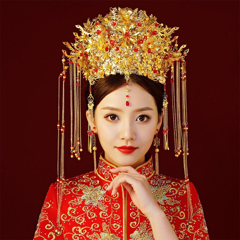 Vintage Chinese  Gold Bridal Headdress Wedding Gilding Coronet Hair Jewelry Tiara - TeresaCollections