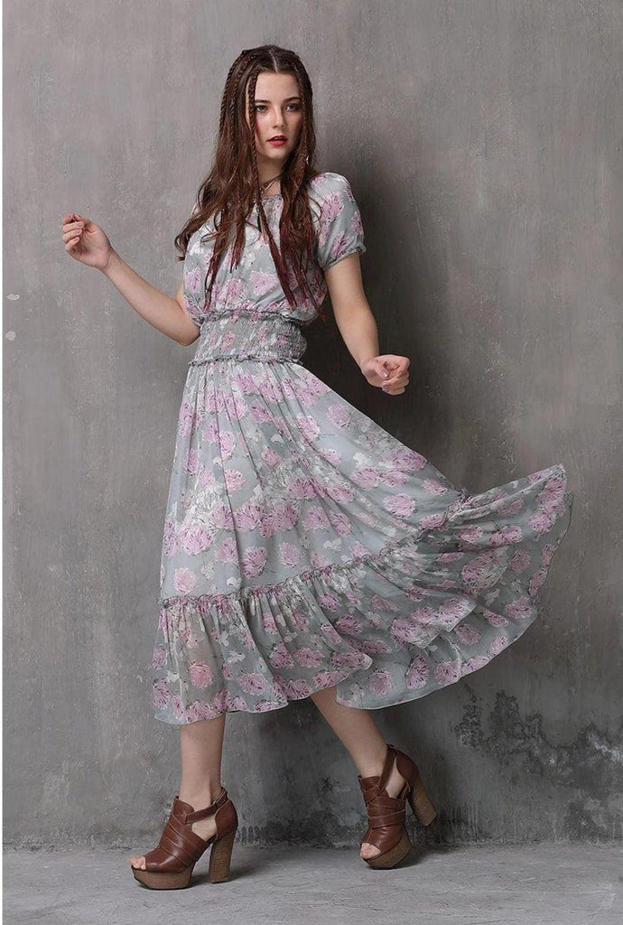 Sleeve Swing Hem Floral Print Dress - TeresaCollections