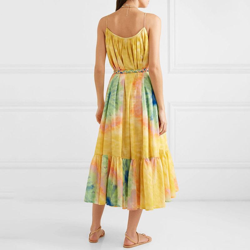 Yellow Sleeveless Strap Off Shoulder High Waist Sashes Midi Dress - TeresaCollections