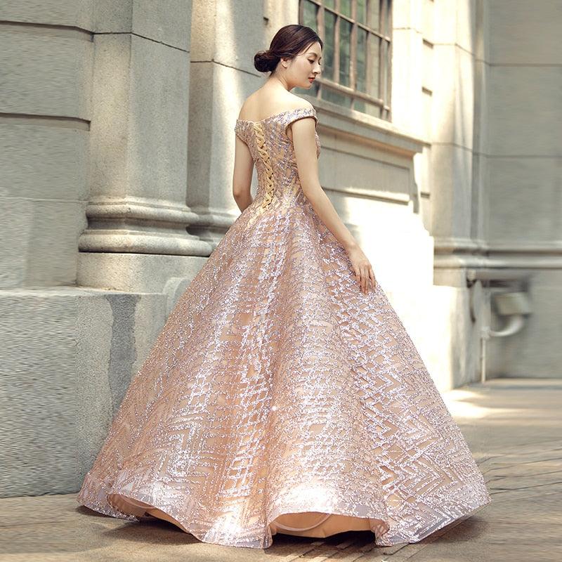 Pale Pink Elegant Off Shoulder V-neck Floor Length Evening Formal Dress - TeresaCollections