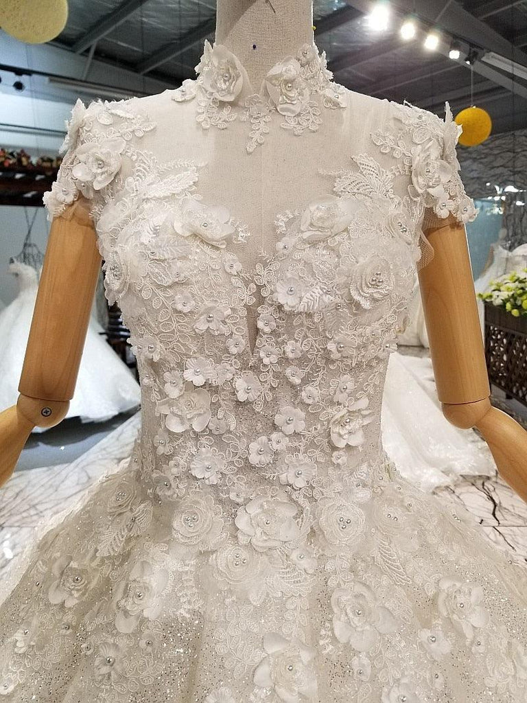 Shiny Petal Flowers High Neck Short Sleeves Elegant Wedding Dress - TeresaCollections