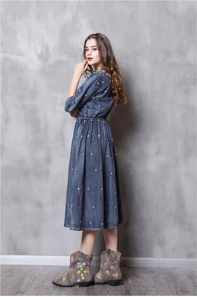 V-Neck A-Line Vintage Embroidery Denim Dress - TeresaCollections