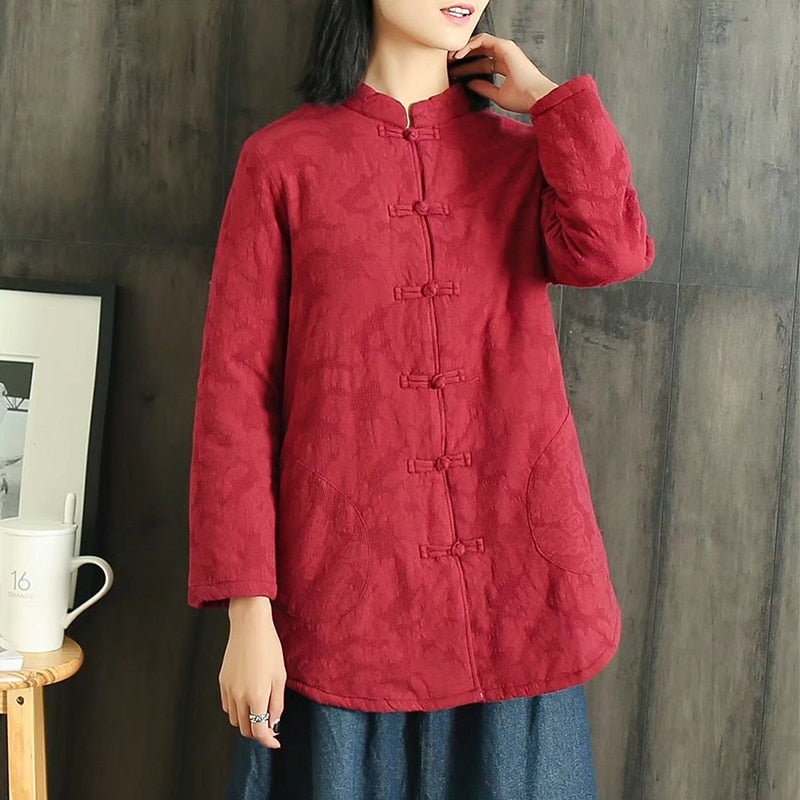 Vintage Buckle Cotton Linen Jacquard Padded Floral Lining Lightweight Jacket