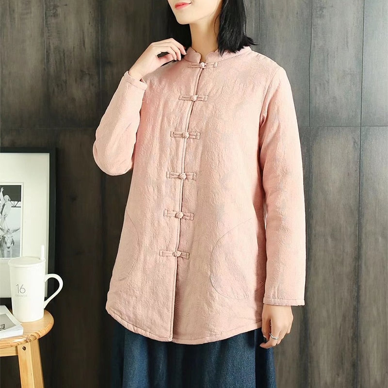 Vintage Buckle Cotton Linen Jacquard Padded Floral Lining Lightweight Jacket
