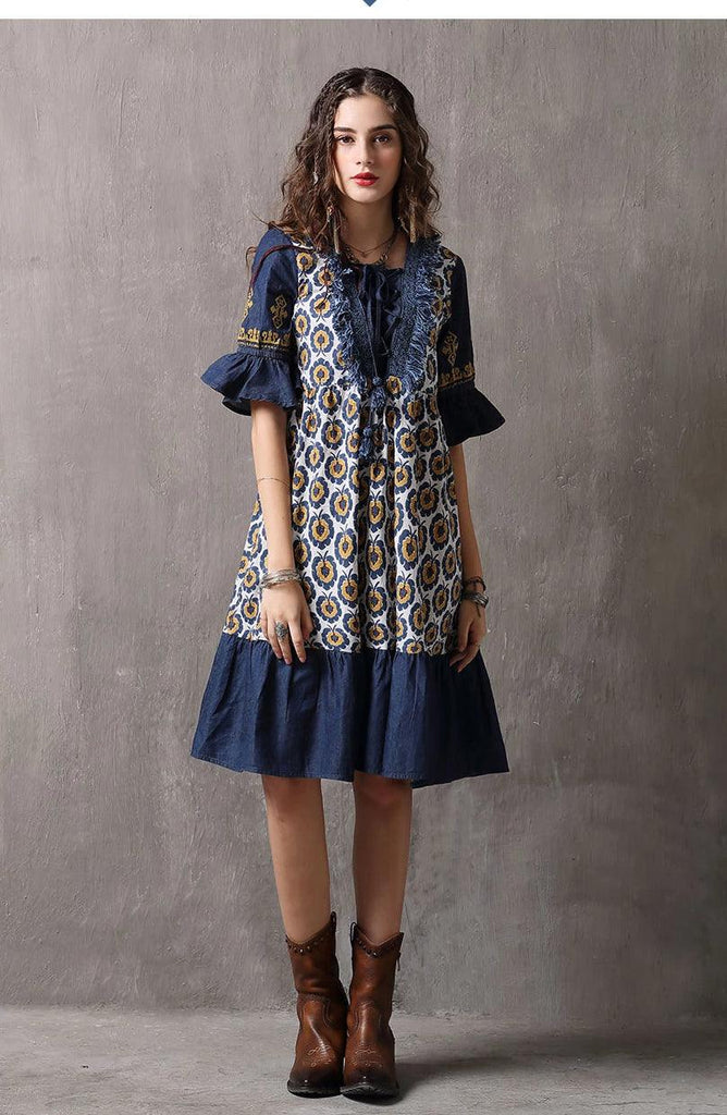 Denim Floral Print Women Dress - TeresaCollections