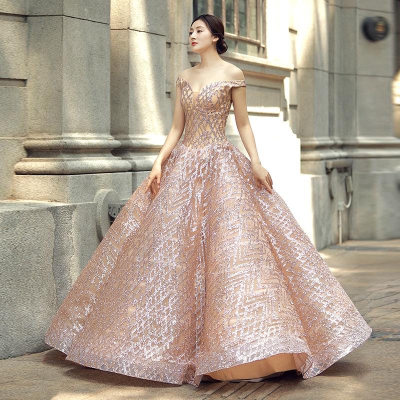 Pale Pink Elegant Off Shoulder V-neck Floor Length Evening Formal Dress - TeresaCollections