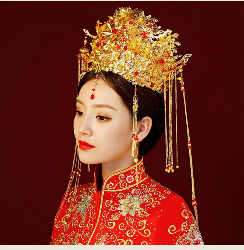 Vintage Chinese  Gold Bridal Headdress Wedding Gilding Coronet Hair Jewelry Tiara - TeresaCollections